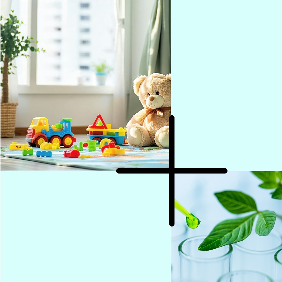 The image is divided into four quadrants, with only the top-left and bottom-right quadrants containing pictures:

- Top-left quadrant: A cozy indoor scene with a teddy bear, colorful toy truck, and various small toys scattered on a play mat near a window with natural light coming in.
- Bottom-right quadrant: A close-up of a green leaf with a dropper releasing a green liquid drop onto it, with test tubes in the background, suggesting a scientific or botanical experiment.

The top-right and bottom-left quadrants are filled with a solid light blue color. There is a black cross dividing the quadrants.