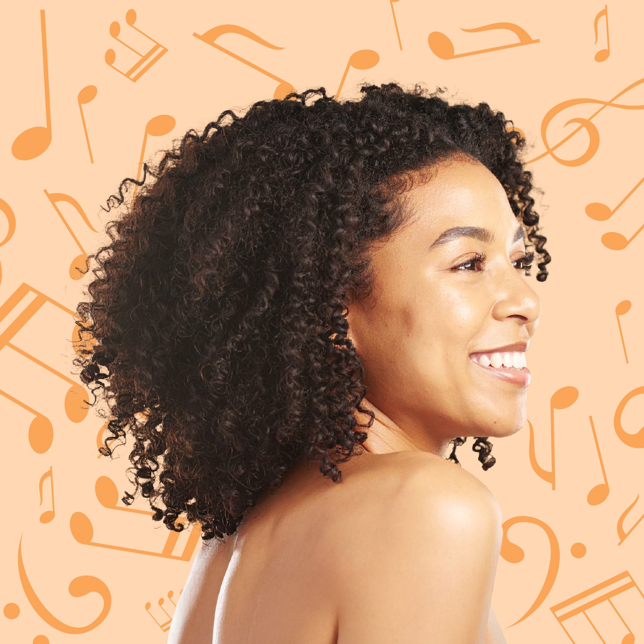 The image shows a person with voluminous, curly black hair. The background is a light orange color with various musical notes and symbols scattered throughout, suggesting a theme related to music. The person is turned slightly to the side, showing their bare shoulder. The overall vibe of the image is artistic and vibrant.