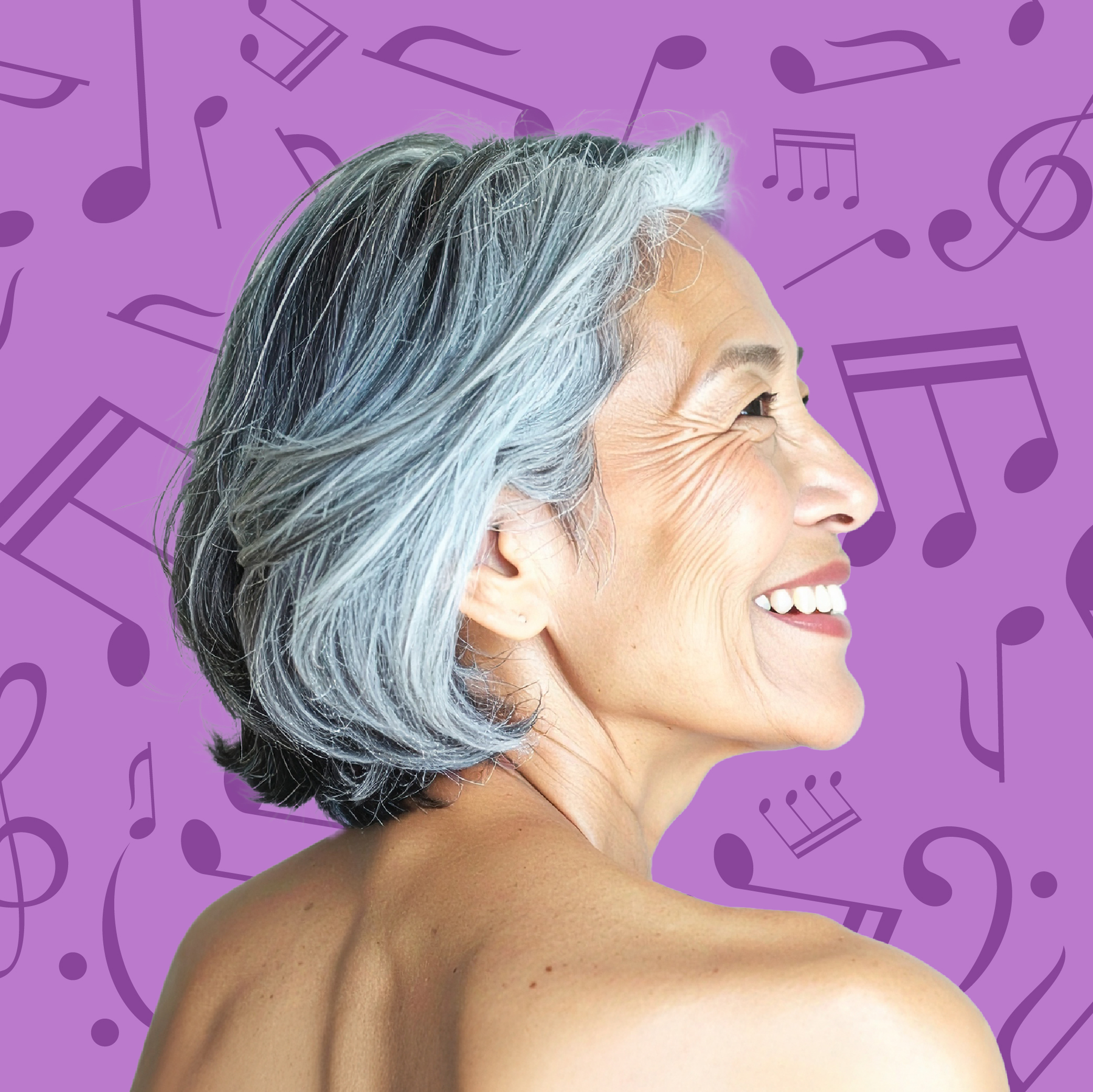 The person in the image has short, layered hair that is predominantly gray with some darker strands. The background is purple with various musical notes and symbols scattered throughout. The person is shown from the back and side, with their shoulders bare.