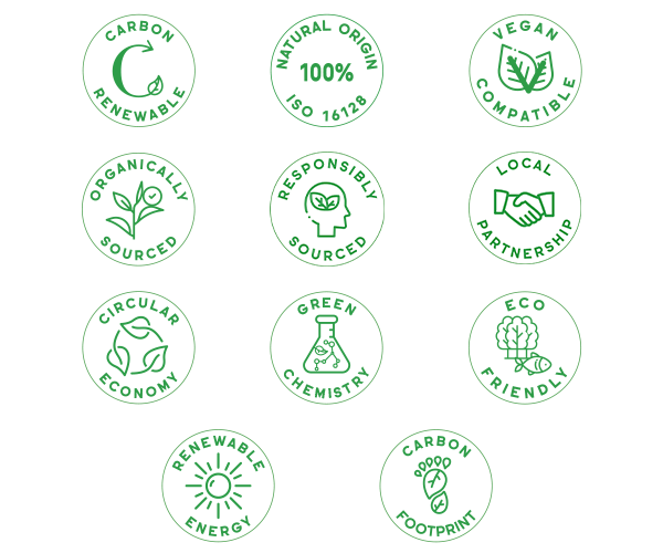 These icons represent various sustainability and eco-friendly concepts:

1. Carbon Renewable
2. Natural Origin 100% ISO 16128
3. Vegan Compatible
4. Organically Sourced
5. Responsibly Sourced
6. Local Partnership
7. Circular Economy
8. Green Chemistry
9. Eco Friendly
10. Renewable Energy
11. Carbon Footprint

They are typically used to indicate that a product or service adheres to these environmental and ethical standards.