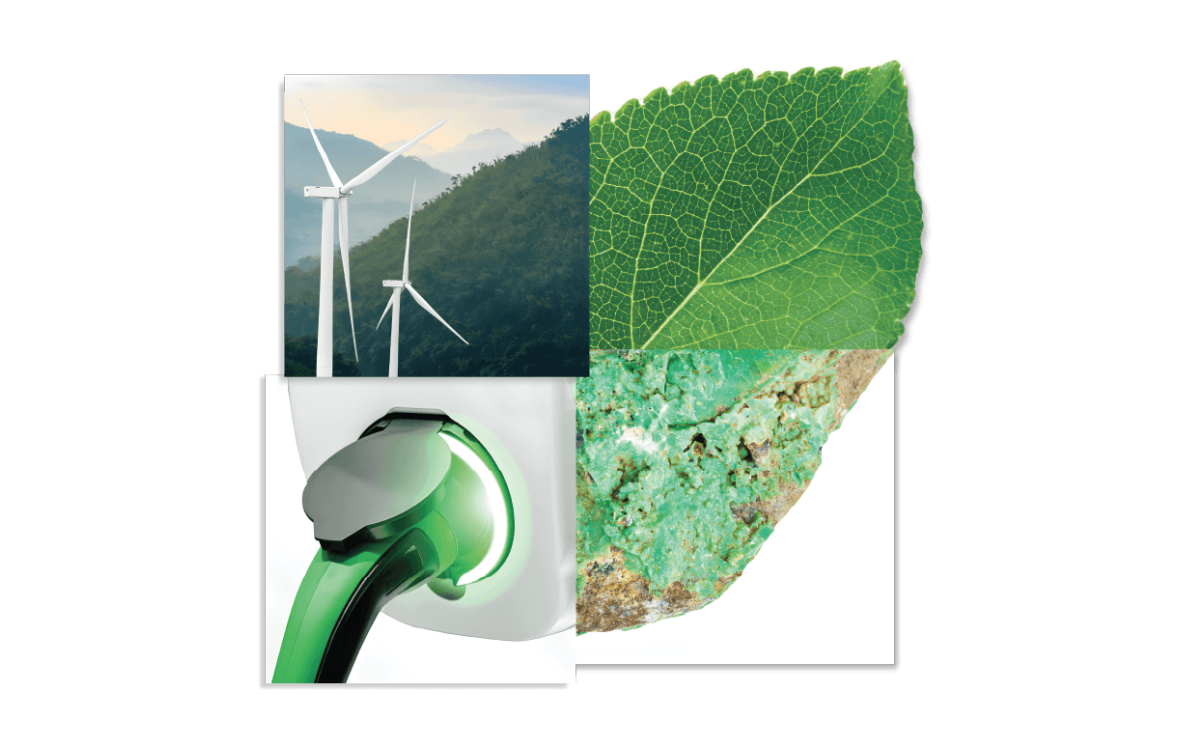 The image is a collage of four pictures arranged in a 2x2 grid. 

- The top left picture shows two wind turbines on a green mountain landscape during what appears to be either sunrise or sunset.
- The top right picture is a close-up of a green leaf, showing its detailed veins.
- The bottom left picture shows a close-up of an electric vehicle charging plug connected to a charging station, with a green light indicating charging.
- The bottom right picture shows a close-up of a green mineral or rock with a rough texture.

The overall theme of the collage seems to be related to green energy, sustainability, and environmental conservation.