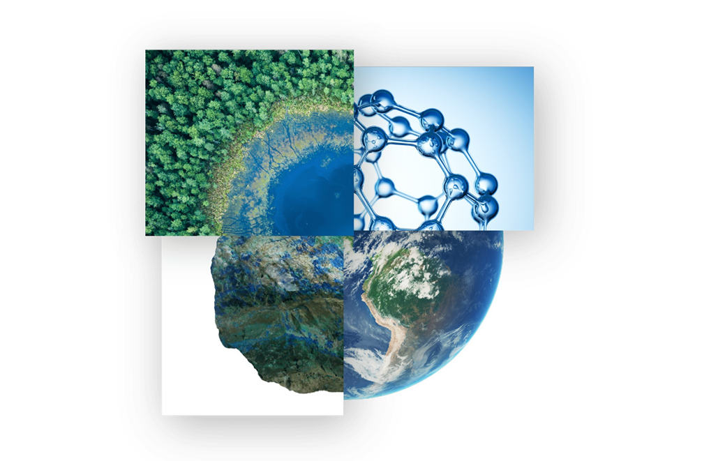 The image is a composite of four quadrants, each representing different elements of the natural world and science. The top left quadrant shows a dense forest surrounding a body of water, symbolizing nature and ecosystems. The top right quadrant features a molecular structure, representing science and chemistry. The bottom left quadrant displays a rock or mineral, indicating geology or earth sciences. The bottom right quadrant shows a view of Earth from space, highlighting the planet as a whole. Together, these images convey a theme of interconnectedness between nature, science, and the Earth.