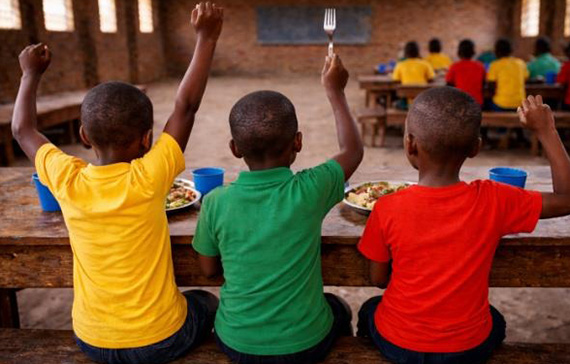 The image shows three children sitting at a wooden table in what appears to be a communal dining area. They are seen from behind. The child on the left is wearing a yellow shirt, the child in the middle is wearing a green shirt and holding a fork up in the air, and the child on the right is wearing a red shirt. Each child has a plate of food and a blue cup in front of them. In the background, there are more children sitting at tables, also wearing brightly colored shirts. The setting looks like a school or community center.