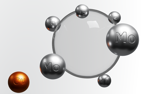 The image shows a large transparent sphere surrounded by several smaller metallic spheres labeled "Mo" (Molybdenum) and one smaller metallic sphere labeled "Cu" (Copper). The "Mo" spheres are silver/gray in color, while the "Cu" sphere is copper-colored. The arrangement suggests a molecular or atomic structure, possibly representing copper atoms interacting with molybdenum atoms or a cluster of molybdenum atoms with a copper atom nearby.