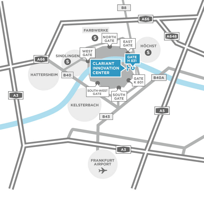 This image is a location map centered on the **Clariant Innovation Center** near **Frankfurt, Germany**.

Key labels visible:
- **Clariant Innovation Center**
- **Gate H831**
- **Gate K801**
- **North Gate, East Gate, West Gate, South Gate, South-West Gate**
- Nearby places: **Höchst, Sindlingen, Hattersheim, Kelsterbach, Frankfurt Airport**
- Major roads: **A66, A3, A5, A648, B40, B40A, B43, B8**

If you want, I can also help you:
- identify the **best route** to the site,
- describe the **map layout** in more detail,
- or extract the **text labels** from the image.