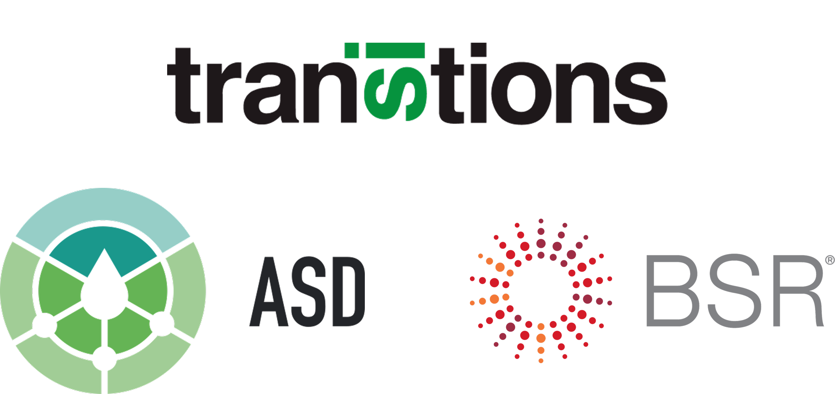 The image shows several logos/wordmarks on a white background:

- **transitions** at the top
- **ASD** in the lower middle-left
- **BSR** in the lower right
- A **circular green/teal emblem** on the lower left
- A **dotted circular red/orange emblem** near the lower center-right

If you want, I can also help identify what each logo likely represents or extract the text in a cleaner list.